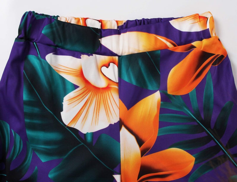 sexycherry Sexy Two Piece Outfits for Women Beach Elegant Short Sleeve Off Shoulder Top Straight Long Pants Purple Floral Vacation Sets(Large) - Image 3